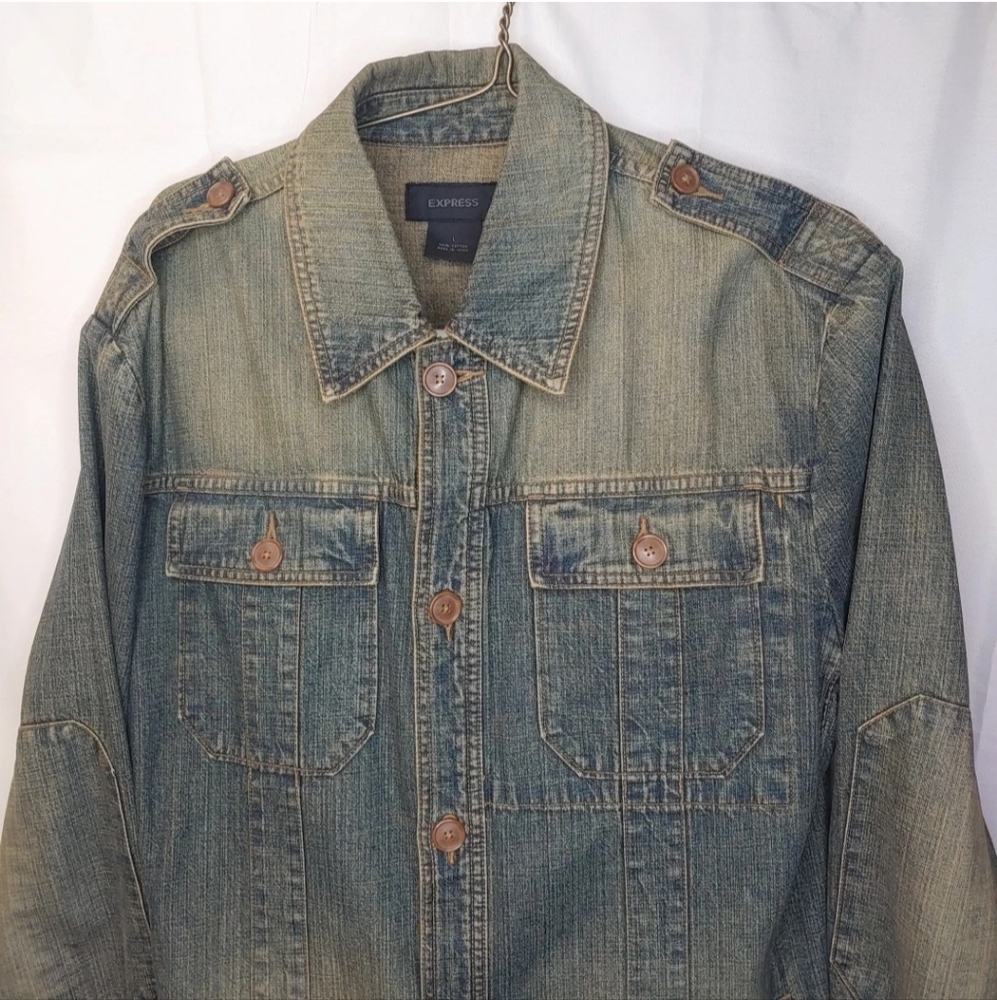 Express Military Jean Jacket Woman Large Blue Denim Button Elbow Patches Utility - Picture 4 of 12